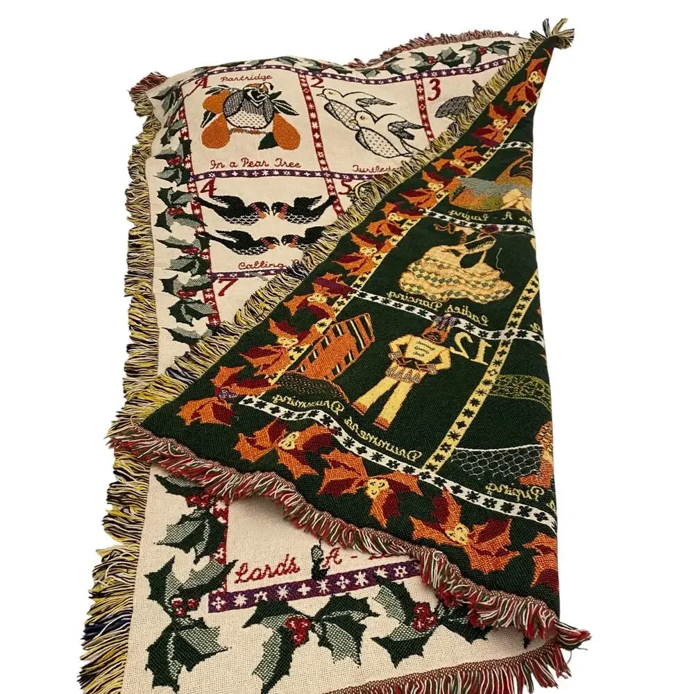 Vintage 12 Days of Christmas Woven Tapestry Throw Blanket Fringe 49x71 Large